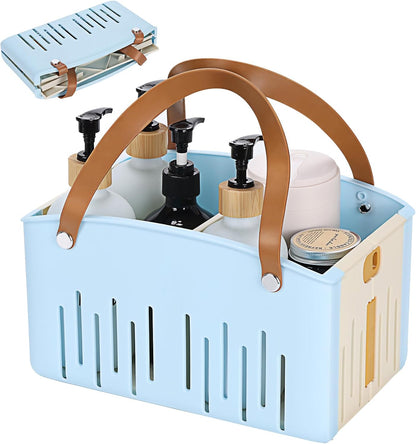 Portable Shower Caddy Collapsible Plastic Shower Basket Tote with Handles Removable Divider, Cleaning Caddy Storage Organizer for Bathroom College Dorm (White)