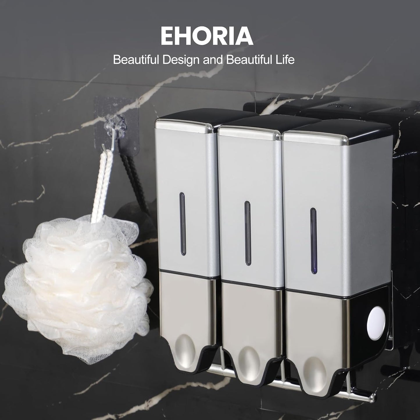 EHORIA Shampoo and Conditioner Dispenser, Shower Soap Dispenser | Shower Dispenser 3 Chamber No Drill, Wall Mounted Refillable Bottles, Shower Accessories for Bathroom, RV&Hotel,18.6oz 3 in 1