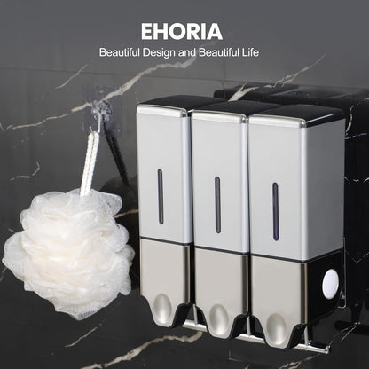 EHORIA Shampoo and Conditioner Dispenser, Shower Soap Dispenser | Shower Dispenser 3 Chamber No Drill, Wall Mounted Refillable Bottles, Shower Accessories for Bathroom, RV&Hotel,18.6oz 3 in 1
