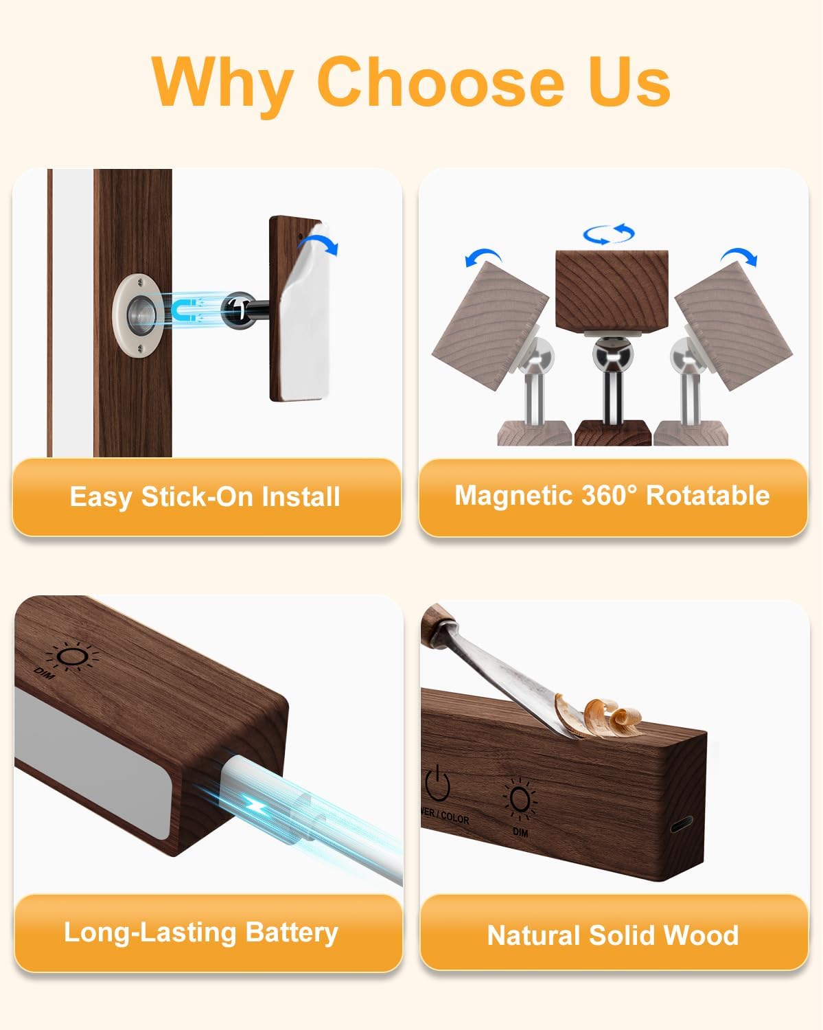 Rechargeable Wood Wall Lights with Remote & Touch, 5200mAh Battery Operated Wall Sconce 3 Color Temperatures & RGB. Magnetic, Stick-On, Dimmable Wall Reading Lamp for Bedroom, Living Room, Picture