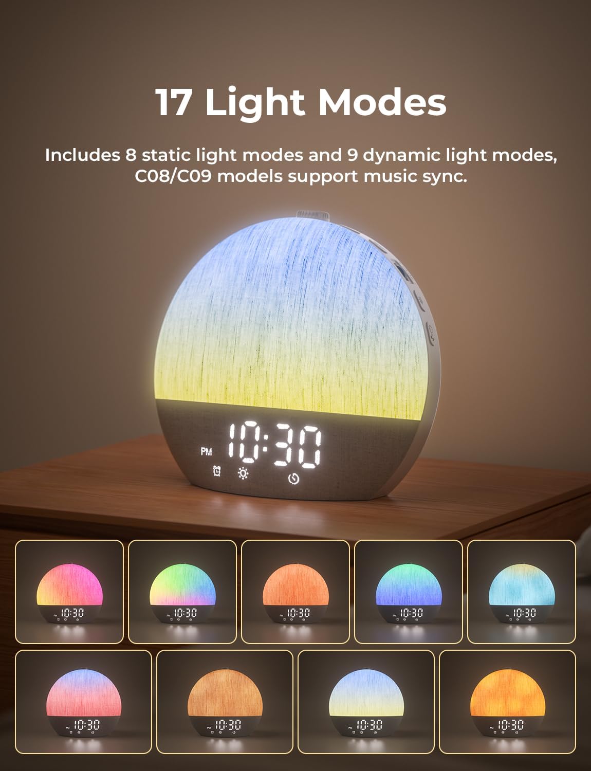 LIORQUE Wake Up Light Sunrise Alarm Clock for Bedrooms with BT Speaker | White Noise Machine with 30 Soothing Sounds, 17 Night Lights, Screen-Free, Bedside Clock for Heavy Sleepers Adults Kids