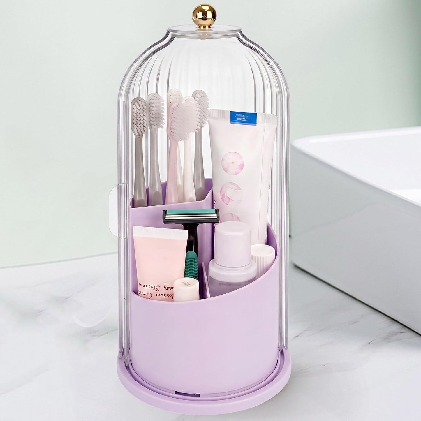 QIYVLOS Toothbrush Holders with Sliding Lid, Rotating 3 Slots Bathroom Organizer Countertop, Tooth Brush Toothpaste Holder Bathroom Counter Stand Sink Organizer Caddy for Vanity Makeup Brushes Holder
