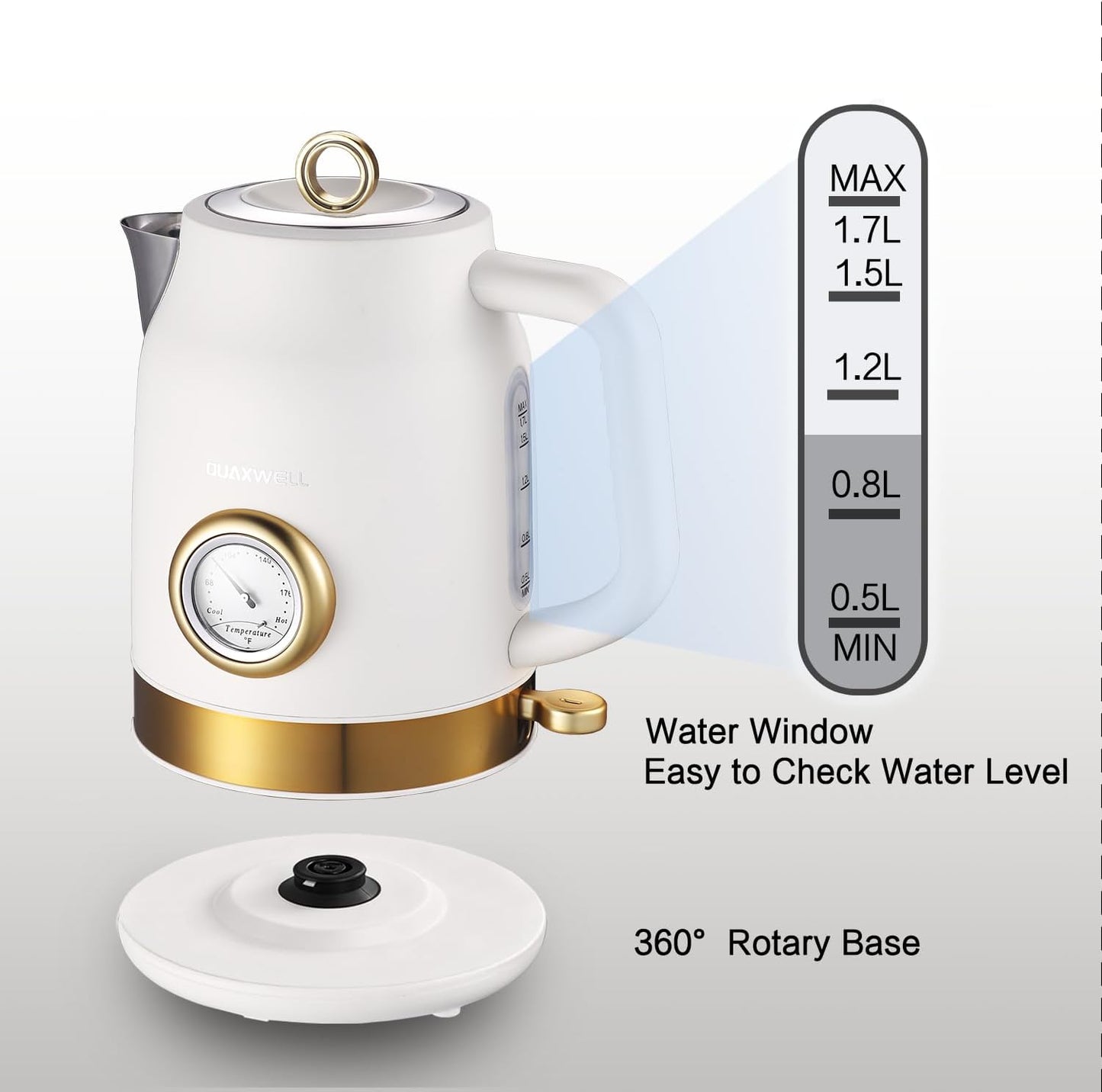 Retro Electric Tea Kettle, 1.7L, Matte White and Gold | 304 Stainless Steel, 1500W Fast Boiling, Auto Shut-Off, Boil-Dry Protection, BPA-Free, Thermometer, Retro Kitchen Appliances