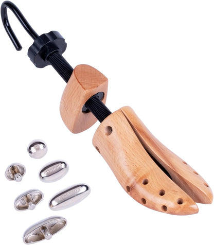 FootFitter Professional 2-Way Shoe Stretcher, Length & Width Expander | Durable Wooden Stretcher Extends Up to ½ a Size, Adds Targeted Stretch for Tight Areas with Metal Relief Spot Plugs