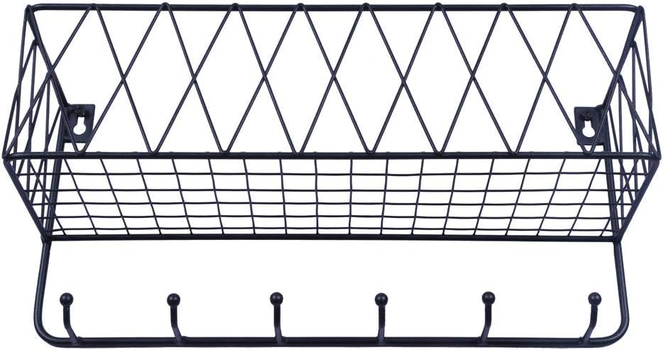 OROPY Entryway Mail Holder with Key Hooks, 14" L×4.7" W×6.5" H, Wall Mounted Matte Black Metal Wire Mesh Storage Basket with 6 Hooks, easy to Organize Letters, Magazines, Keys, Leashes for Entryway