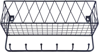 OROPY Entryway Mail Holder with Key Hooks, 14" L×4.7" W×6.5" H, Wall Mounted Matte Black Metal Wire Mesh Storage Basket with 6 Hooks, easy to Organize Letters, Magazines, Keys, Leashes for Entryway