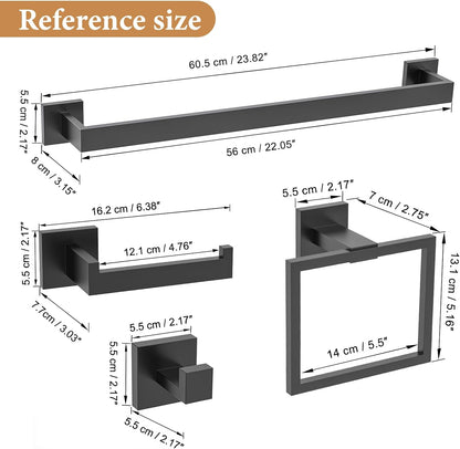 TURS Bathroom Hardware Set Black 4-Piece Towel Bar Set Include 24 Inch Towel Bar Hand Towel Holder Towel Hook Toilet Paper Holder with Shelf Wall Mounted Stainless Steel Bathroom Accessories Set
