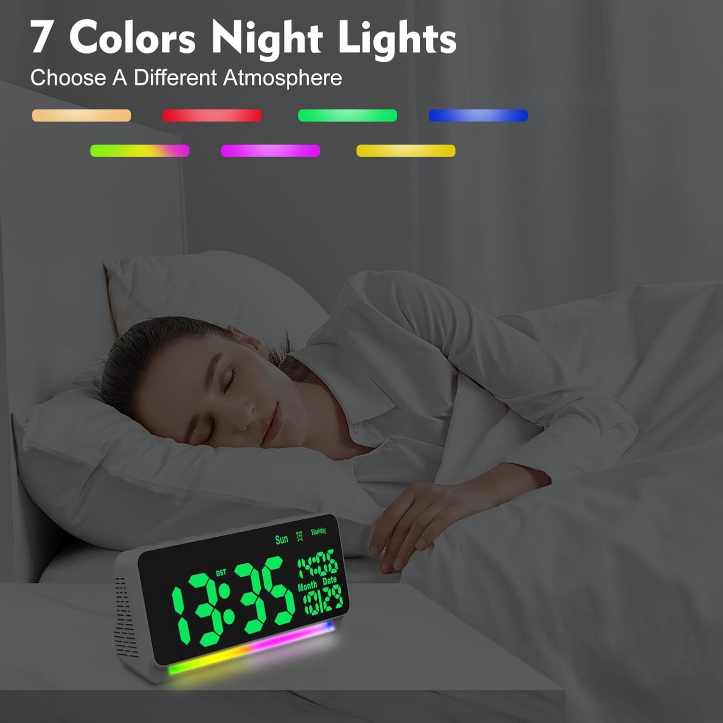 120db Super Loud Alarm Clock for Heavy Sleepers, Bluetooth Connection | 15 Wake Up Sounds, 7 Color Night Light, Dynamic RGB Color Changing, 0-100% Dimmer, Snooze, Digital Clock for Bedroom