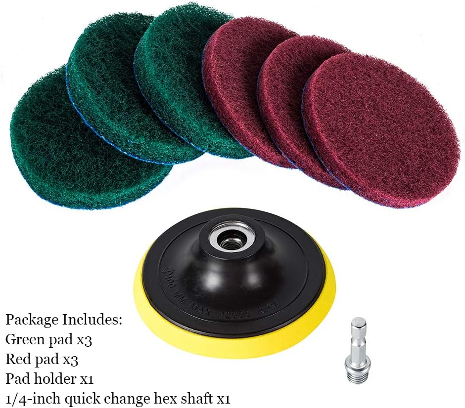 5 Inch Drill Powered Brush Tile Scrubber Scouring Pads | 2 Different Stiffness, 5" Pad Holder with 6 Scrubbing Pads, Cleans Large Flat Areas Perfectly (Drill NOT Included)
