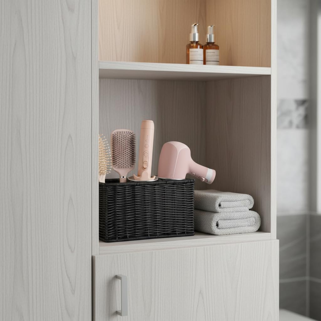 Hair Tool Organizer,Wall Mount Curling Iron Holder,Waterproof Wicker Hot Tools Organizer for Hair Dryer,Flat Irons,Curling Wands,Straighteners Storage,in Cabinet,Bathroom,Vanity (Nature)