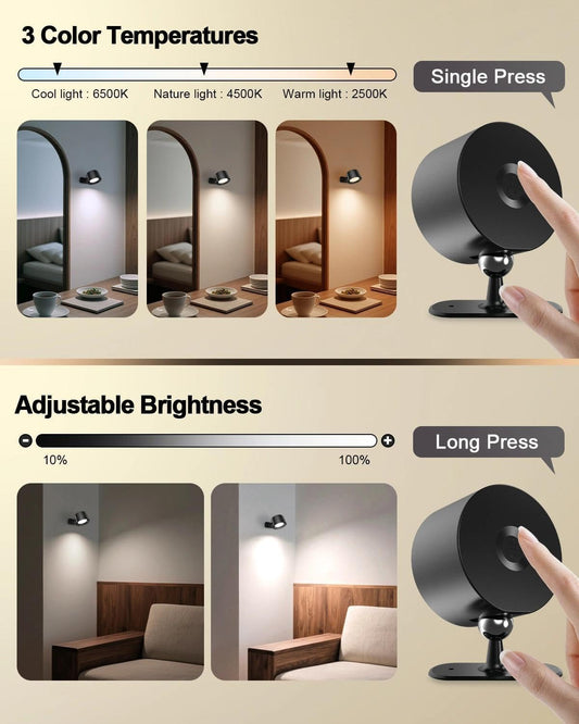 LED Wall Mounted Lights 360° Rotation Dimmable, 3000mAh Rechargeable Cordless Wall Sconces Lamp, 3 Color Temps & Remote and Touch, Wall Light for Study Bedroom Reading Bedside 3 Pack, Black