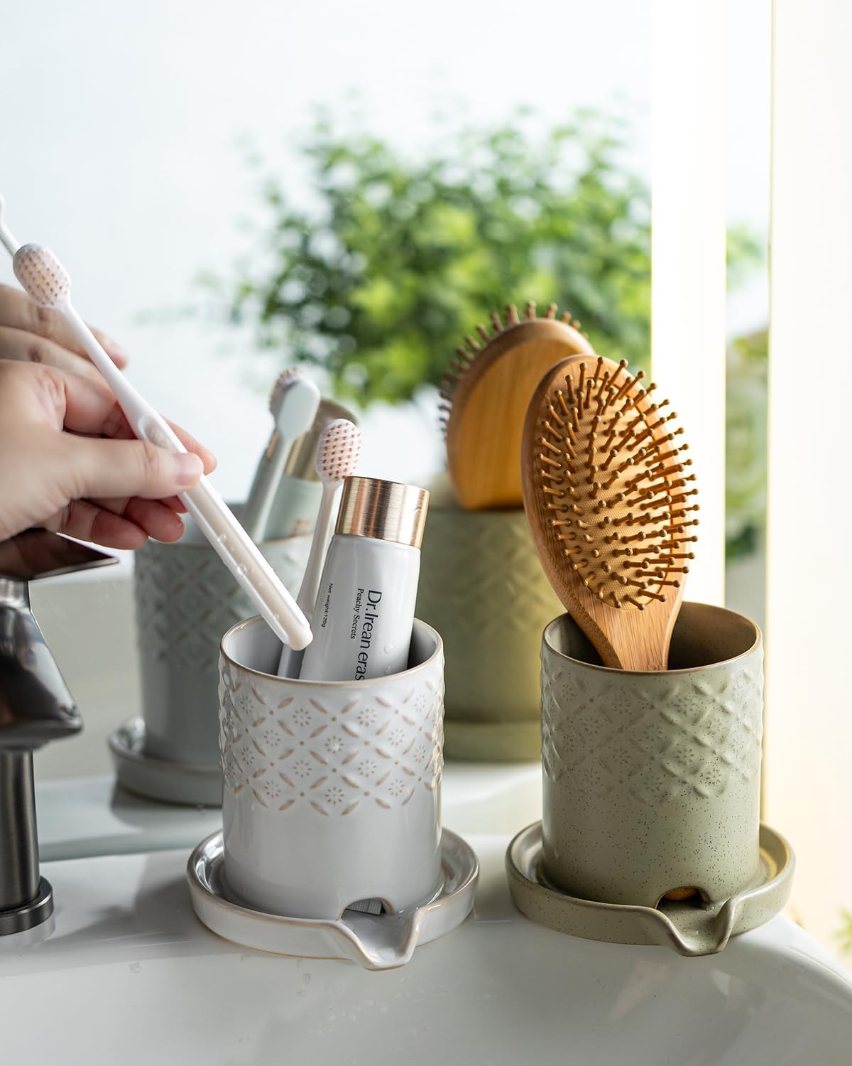 Zoeeker Toothbrush Holder with Drainage, Ceramic Toothbrush Holders Set | Electric Toothbrush & Toothpaste Holder for Bathrooms Self-draining Tooth Brush Cup Countertop Organizers for Family, Yellow
