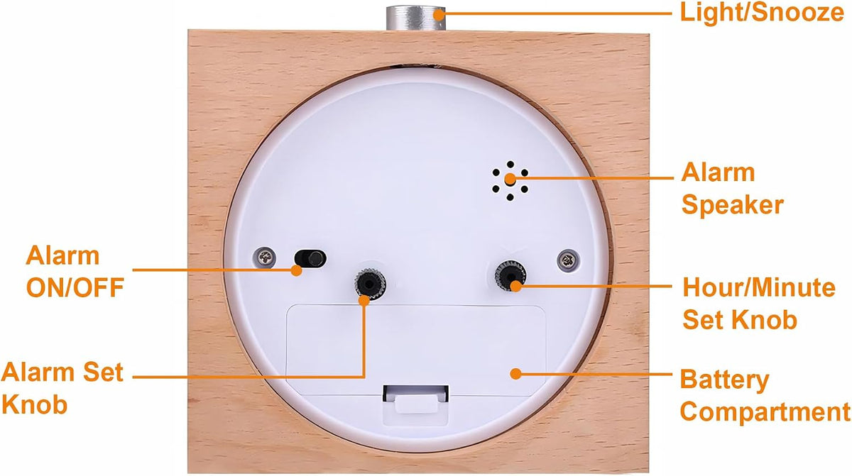 Wooden Analog Alarm Clock Silent Battery Operated with Night Light