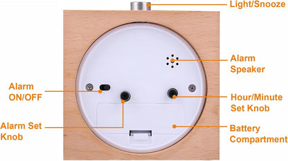 Wooden Analog Alarm Clock Silent Battery Operated with Night Light