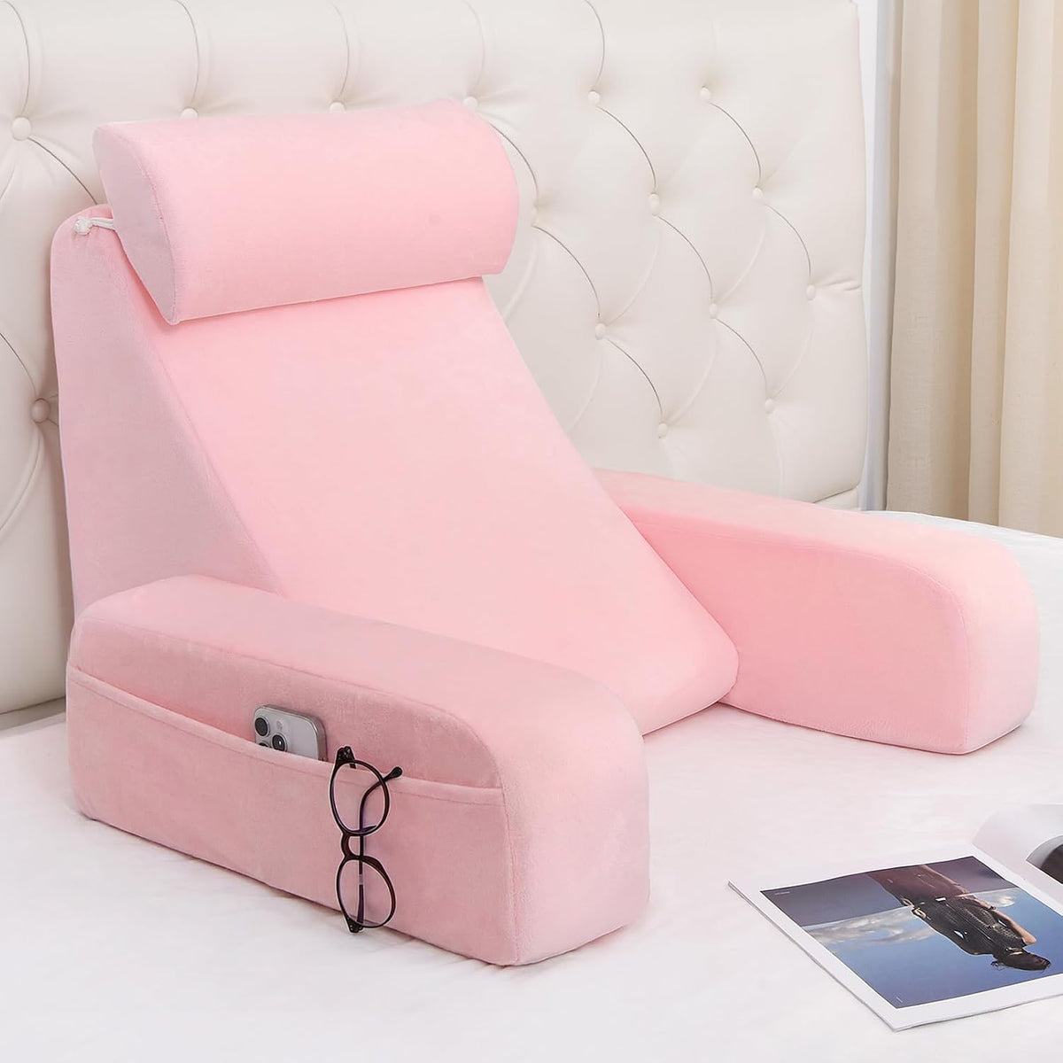 ENITYA 21" Reading Pillow for Bed with Firm Back Support & Big Pockets
