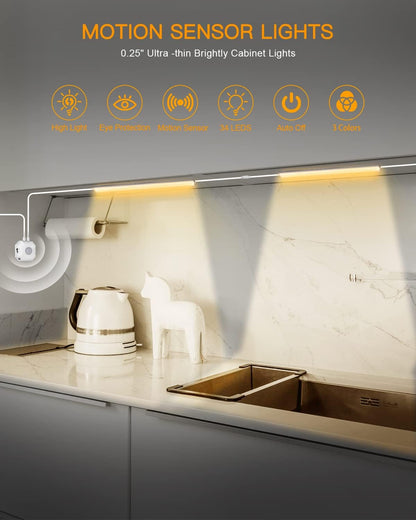 Daymeet Motion Sensor Dimmable 12 Inch Ultra Thin Under Cabinet Lighting, Under Cabinet Lights Plug in, Super Bright LED Lights Bar Under Counter Lights Indoor for Kitchen, Shelf, Closet (3 Pack)
