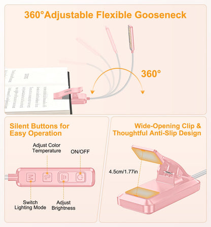 Gritin 2026 Gen 2 Book Light for Reading- 30 Eye Caring Full Spectrum LED | 5 Colors & 5 Brightness, Adjustable Wide/Narrow Beam, Upgrade 1500mAh Long-Lasting Rechargeable Clip on Light for Book Lovers