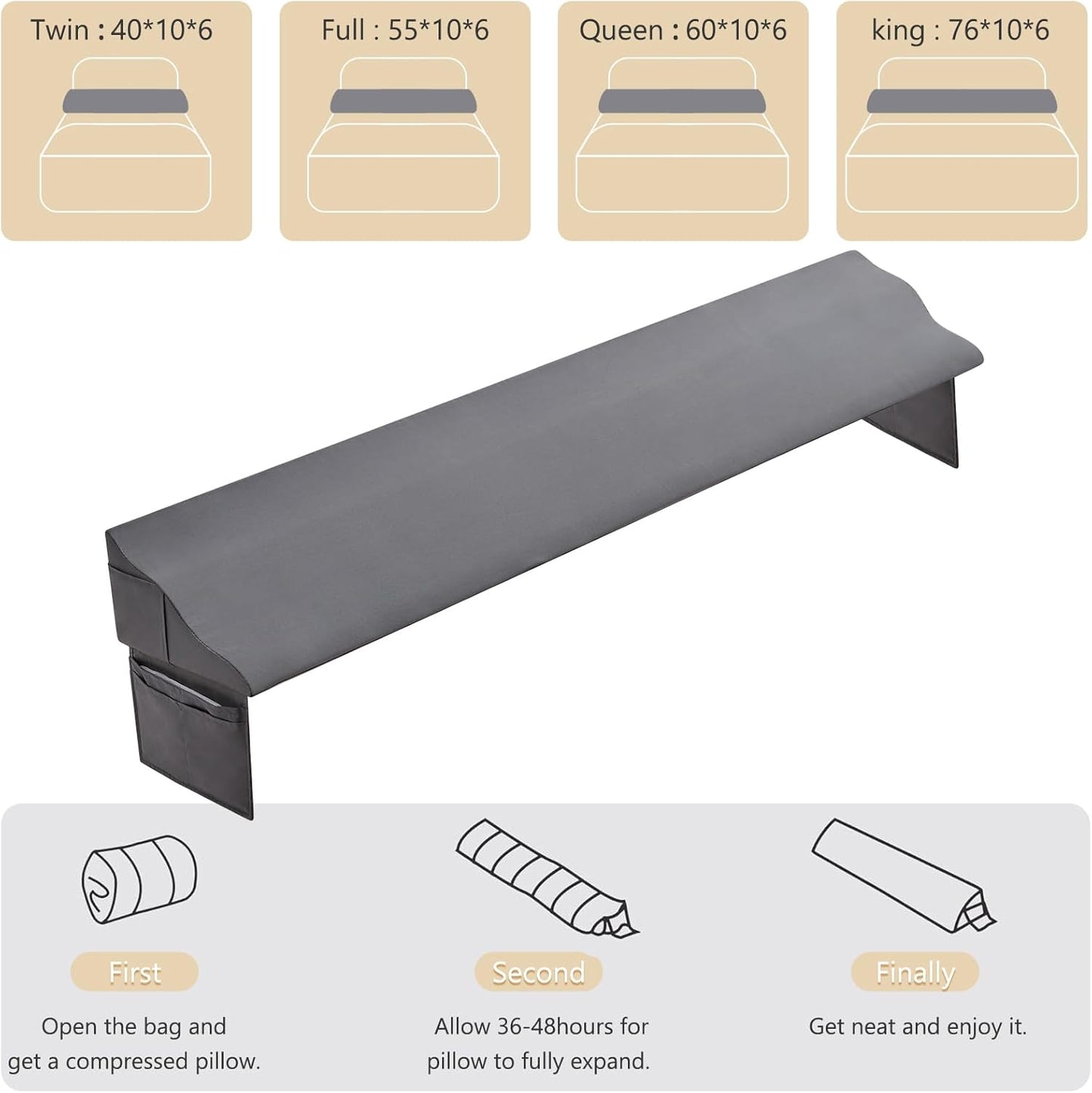 Bed Wedge Pillow for Headboard Gap Filler Queen(60"x6"x10"),Grey | Mattress Wedge Gap Filler for Headboards,Triangle Pillow Wedge for Bed,Soft Washable Cover,Neck Back Support&Sleeping Pillow