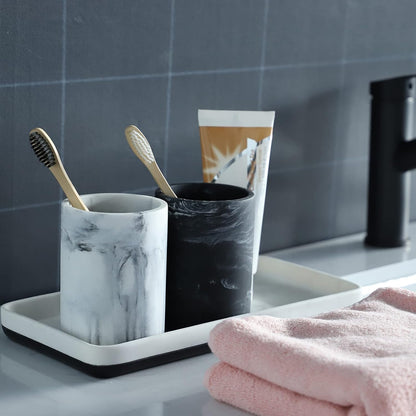 Marble Look Toothbrush Holder for Bathroom Countertop Organizer, Holds Toothpaste, Dental Floss, Razor, Comb, Makeup Brushes, and More, Stylish Bathroom Accessory for Tooth Brushing Essentials