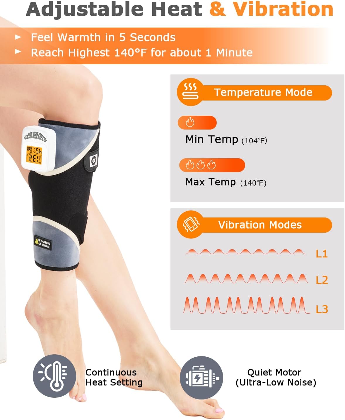 Cordless Leg Massager for Circulation and Pain Relief - 5000mAh Portable Heating Pad for Leg and Calf with 3-Level Vibration Massage, 104-140℉ Adjustable Temperature & 30/45/60 Min Timer