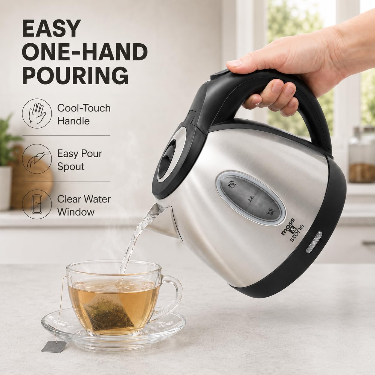 Moss & Stone Red Stainless Steel Electric Kettle, 1.2L Cordless 1500W | Small, portable hot water tea kettle, fast boiling pot, boil-dry protection, auto shut-off, blue Illuminate LED light