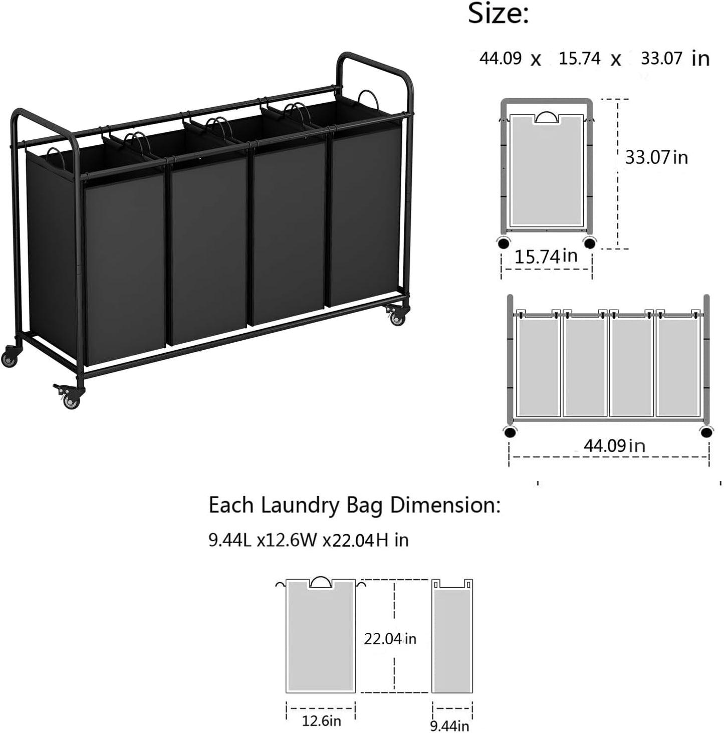 LINZINAR 3 Section Laundry Hamper, Black Laundry Basket 135L Laundry Sorter | Laundry Room Organization with Heavy Duty Rolling Lockable Wheels and Removable Bag, Bedroom Laundry Cart for Clothes Storage