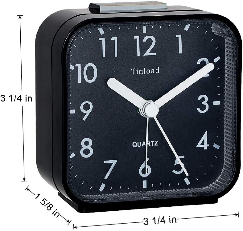 Tinload Small Battery Operated Analog Travel Alarm Clock Silent Non Ticking, Gentle Wake, Ascending Beep Sounds, Snooze,Lighted on Demand, Easy Set(Black)