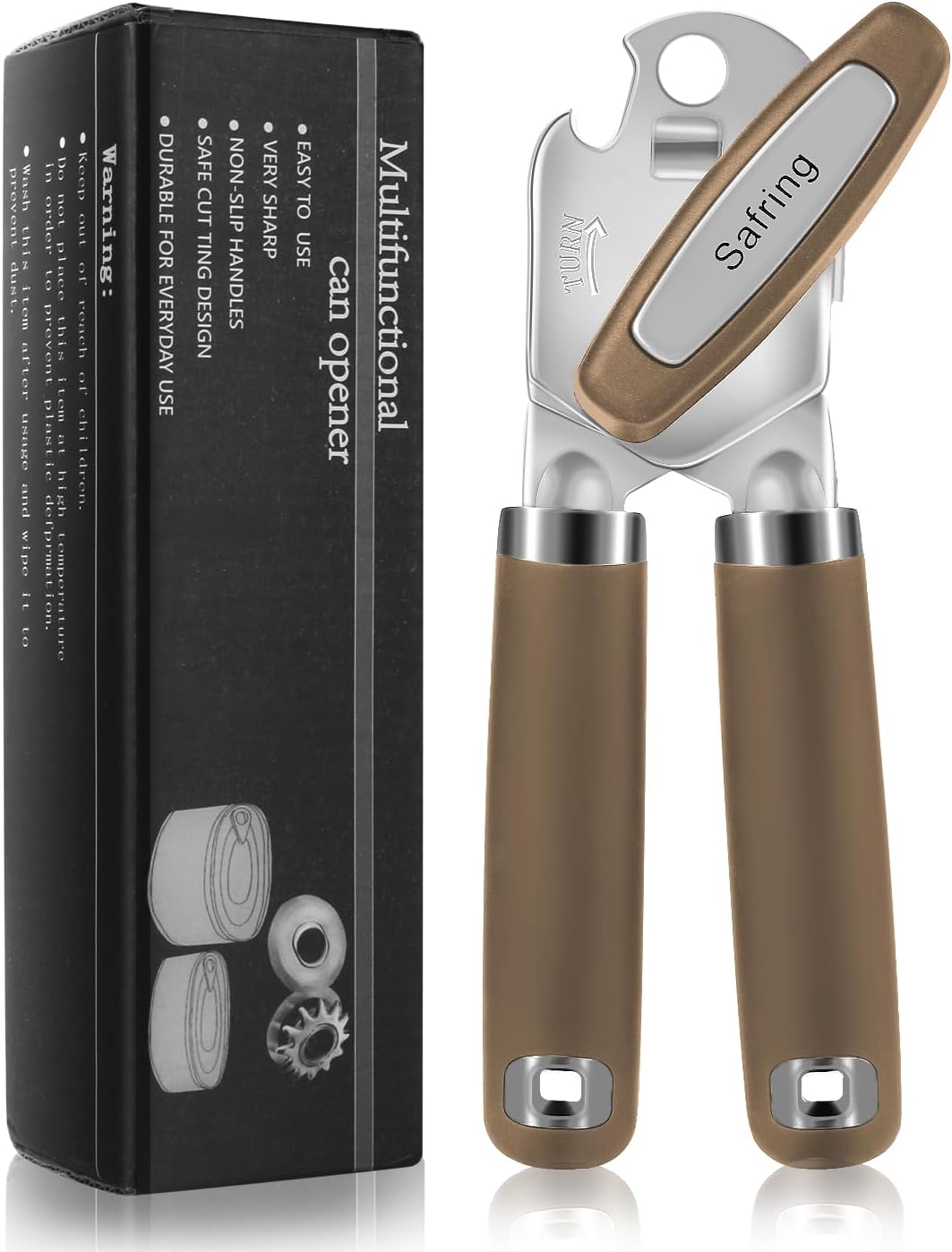 Safring Can Opener Manual, Heavy Duty Handheld Strong Can Opener with Soft Touch Handle, Sharp Blade Smooth Edge, Can Openers with Multifunctional Bottle Opener, Black