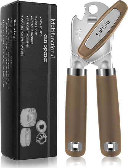 Safring Can Opener Manual, Heavy Duty Handheld Strong Can Opener with Soft Touch Handle, Sharp Blade Smooth Edge, Can Openers with Multifunctional Bottle Opener, Black