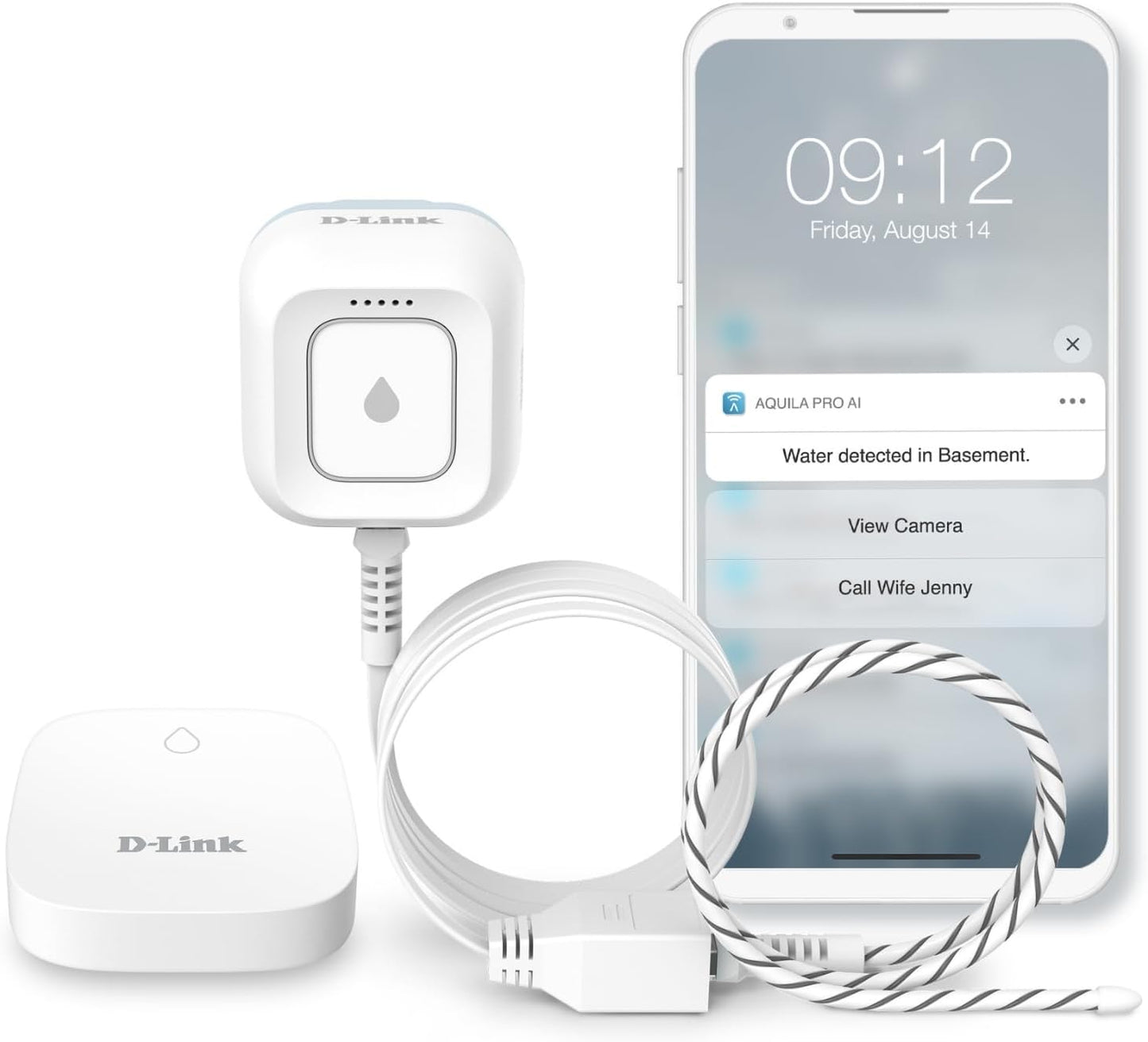D-Link Next-Gen WiFi Water Leak Detector Starter Kit with 2 sensors—Loud 100 dB Sound Alarm—App Alert—LED Strobe Light—No Hub Required—Works with Google—1000ft Ultra-Long Range—Expandable (SW-A11KT)