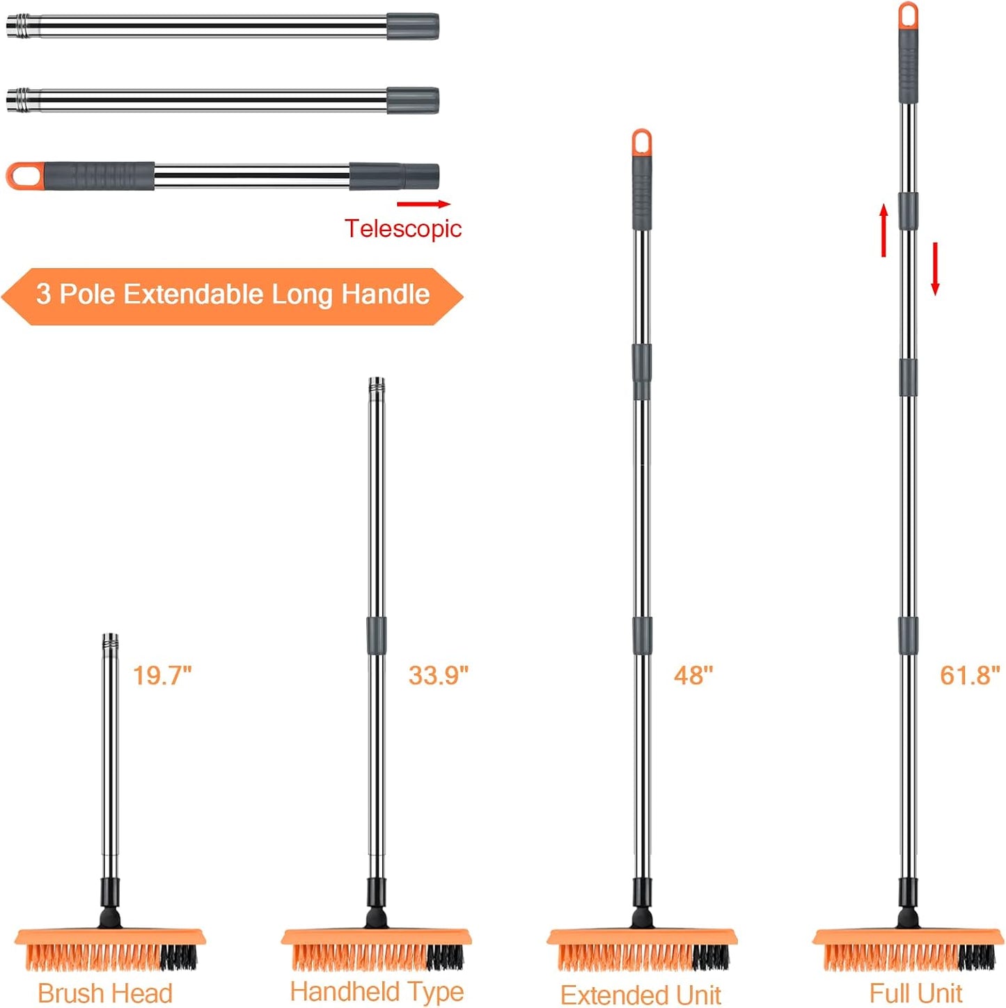 2 in 1 Floor Brush Scrubber with Long Handle Grout Brush 3 Poles 53.5'' New Upgrade Stiff Bristle Cleaning Scrub Brush with Squeegee 120°Rotating Tile Brush for Cleaning Bathroom Glass Patio Kitchen