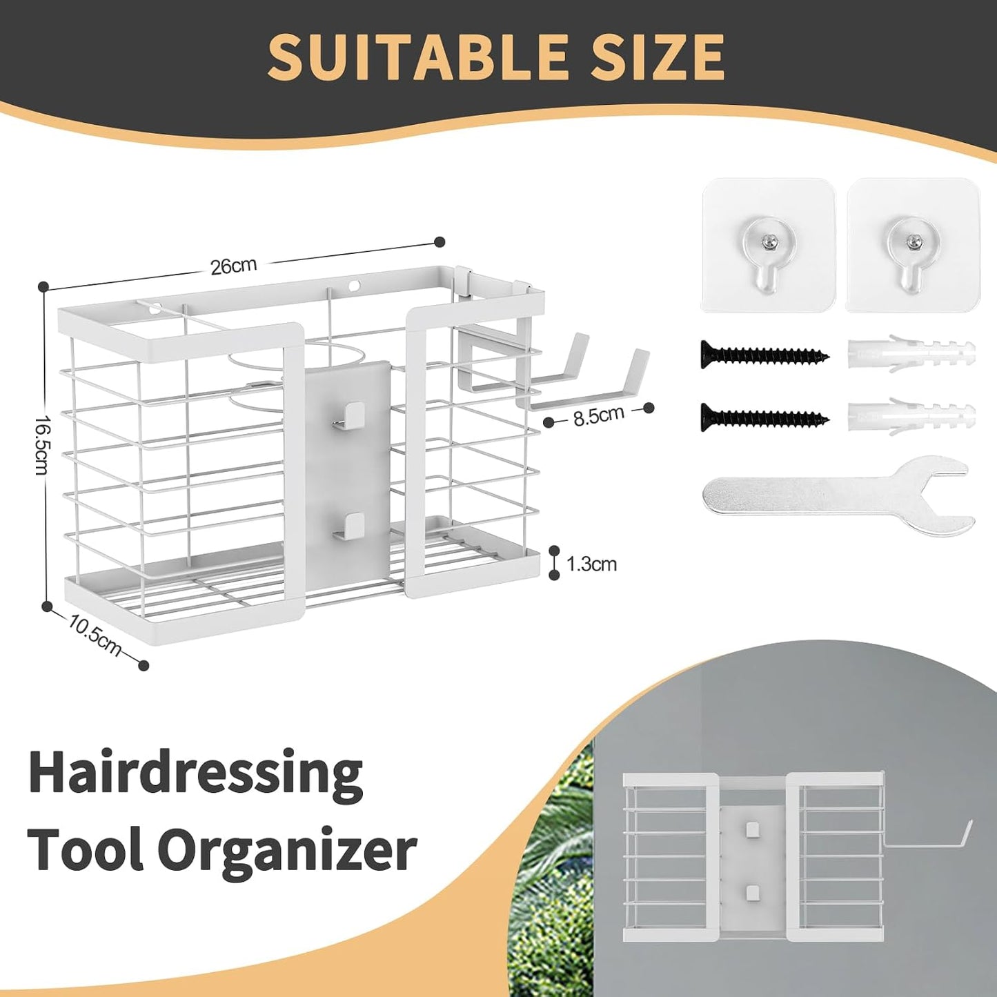 FUNKYLEE Hair Tool Organizer, 3 in 1 Metal Hair Dryer Holder Wall Mounted for Flat Iron, Curling Iron, Straightener, Styling Tools Bathroom Storage and Organizer (Black)