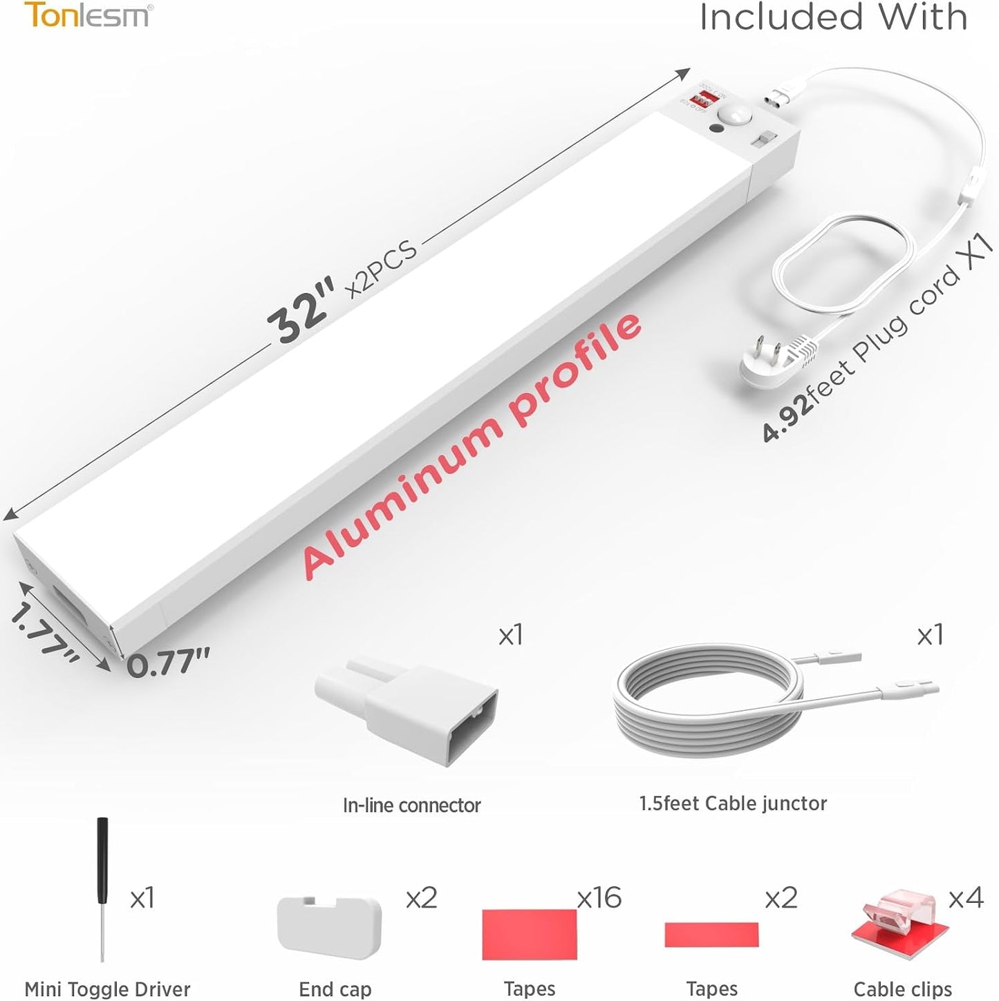 Under Cabinet Lighting Plug in, AC120V LED Motion Sensor Light Indoor 3000K/4000K/5000K, Super Bright, Linkable Under Counter Light for Kitchen,Closet,Shelf,Aluminum (16inch,White,2Pack)