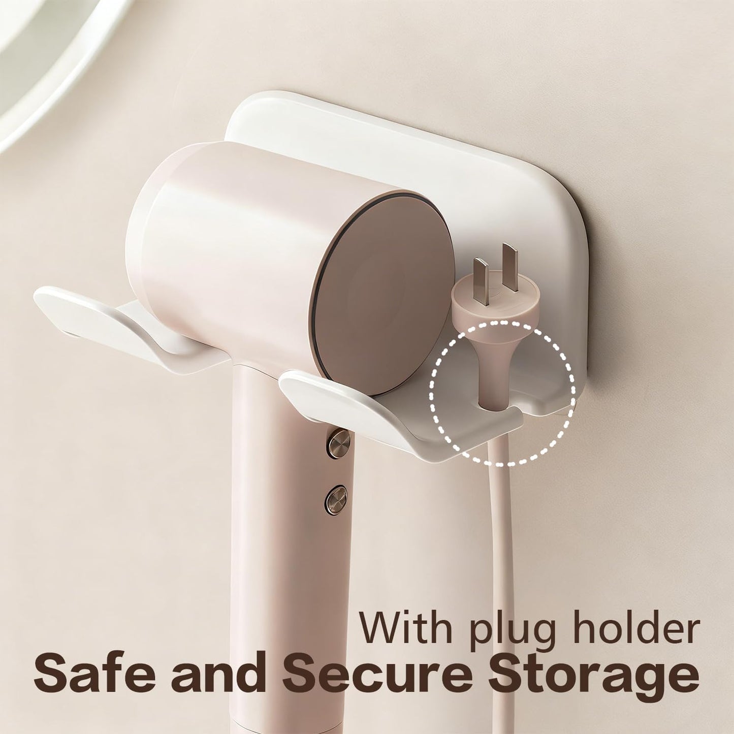 Universal Hair Dryer Holder Wall Mount, Blow Dryer Hanger with Plug Cord Organizer, No Drilling Self Adhesive for Bathroom Cabinet Door Vanity (1PCS, White)