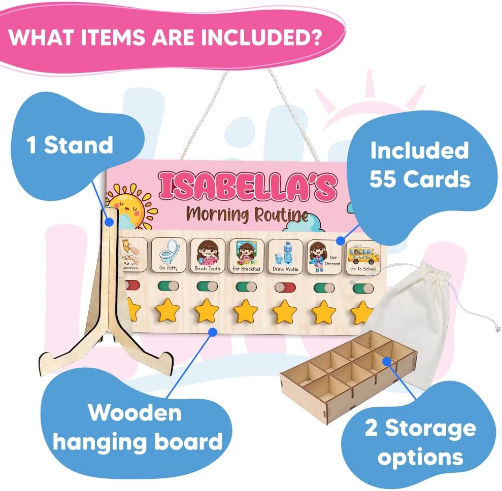 Wooden Daily Routine for Kids, Chore Chart for Toddler, Daily Responsibilities for Kids, Visual Schedule, Morning Bedtime Routine for Girls