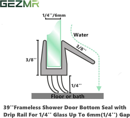 2-Pack Frameless Shower Door Bottom Seal (1/4'' X 39'') Clear Glass Shower Door Sweep Strip can Covers up to 23mm Gap - Stop Leaks