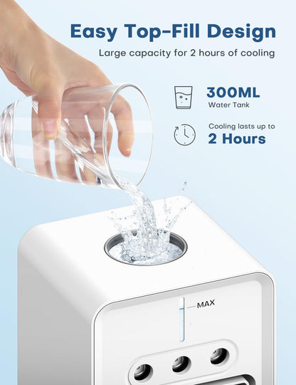 Portable Air Conditioners 4 Modes&3 Speeds,4 Ice Packs, Waterless Alert System, 12H Timer, Remote,1 Gal Detachable Water Tank, 70°Oscillation Windowless Evaporative Air Cooler for Room Office