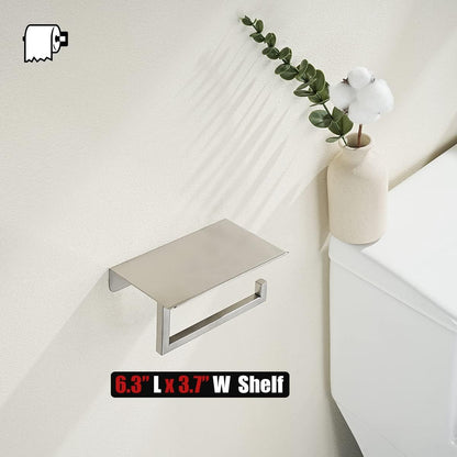 JQK Toilet Paper Holder Shelf, Bathroom Tissue Roll Holder with Phone Shelf, 5 Inch 304 Stainless Steel Tissue Paper Dispenser, Matte Black Wall Mount, TPH202-PB