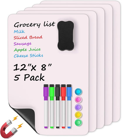 MaxGear Magnetic Whiteboard for Fridge 12x8 White 5 Pack | Strong Magnet, Dry Erase, Reusable, Easy Clean, Stain Resistant, Meal Planner, Grocery List, Family Notes, Kitchen Organizer