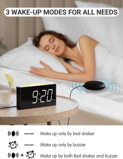Extra Loud Vibrating Alarm Clock with Bed Shaker for Heavy Sleeper Deaf Hard of Hearing, Large LED Display Digital Clock for Bedroom,Dimmer,Night Light,USB Phone Charger,Battery Backup,Senior Teen Kid