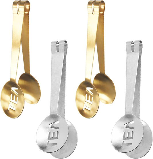 Tea Bag Squeezer (4 Pack), Stainless Steel Oval Tea Bag Squeezer Tongs, Tea Filter Coffee Bag Clamp Tea Strainer Grip Holder Lemon Slice Clip, Mini Ice Sugar Tongs Tea Bag Spoon