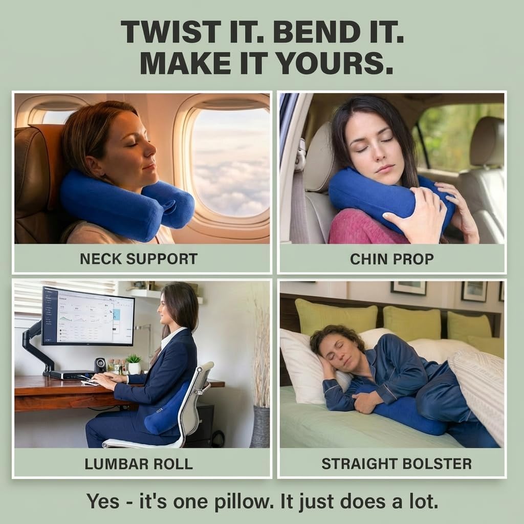 Dot&Dot Twist Memory Foam Travel Pillow, Bendable Neck Pillow for Airplane, Car and Home, 26-Inch Adjustable Roll with Washable Cotton Cover, Gray