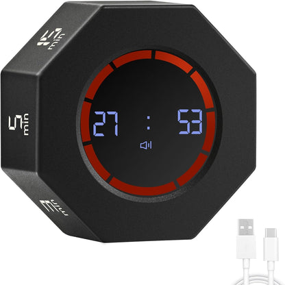 Rechargeable Pomodoro Timer, Small Gravity Timer (Space Gray) | Seven Preset Flip Times (1/3/5/15/30/60/90 min) and Count-Up Mode: Digital Kitchen Timer for Cooking, Work, and Study