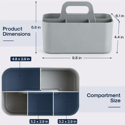 Multiuse Caddy Organizer with Handle, Portable Divided Plastic Tote Bin - Art Craft, Stationary Pen Marker Crayons, Makeup Hair Supplies Storage - Bathroom, Classroom, Dorm, Office, Desk Holder - Grey