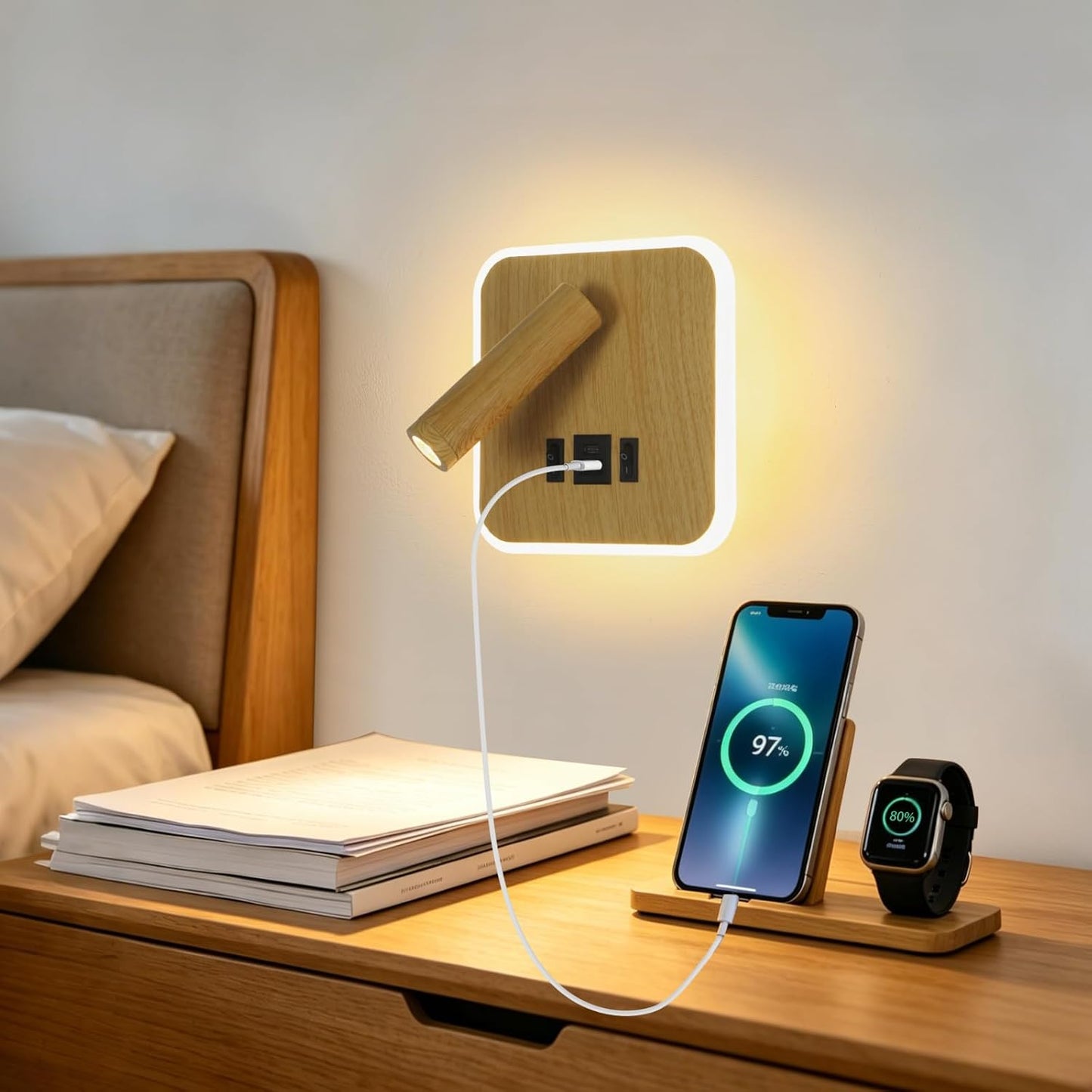 Plug in Wall Sconce with Wall Mounted Reading Lights with Switch | Wall Lamp for Bedroom with Charging Station USB C+A Ports,Bunk Bed Lights with 3W+9W Night Light,Walnut Color Reading Light