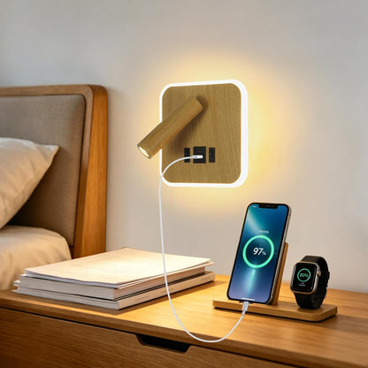 Plug in Wall Sconce with Wall Mounted Reading Lights with Switch | Wall Lamp for Bedroom with Charging Station USB C+A Ports,Bunk Bed Lights with 3W+9W Night Light,Walnut Color Reading Light