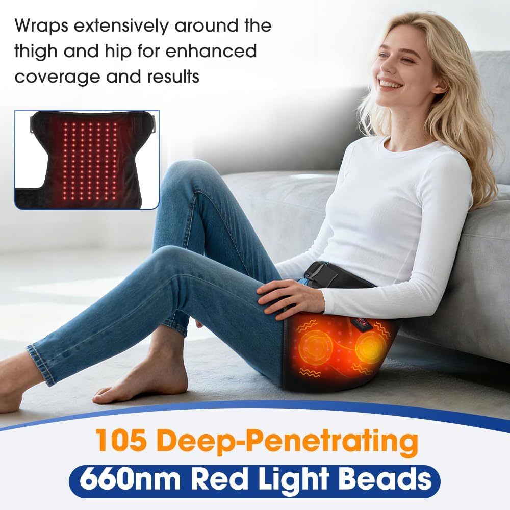 Red Light Hip Heating Pad for Sciatica & Hip Pain Relief, USB Powered Hip Brace with Vibration & 3 Heat Levels, Wearable Support for Lower Back, Thigh & Buttock