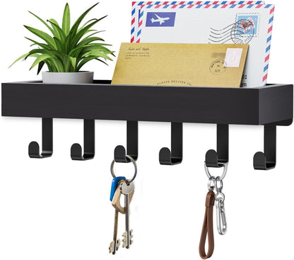 Key Holder Wall Mount Magnetic Adhesive, Key Hooks Rack with Shelf | Key Hanger with Mail Organizer for RV Camper Fridge Living Room Decor, Home Essentials, Black