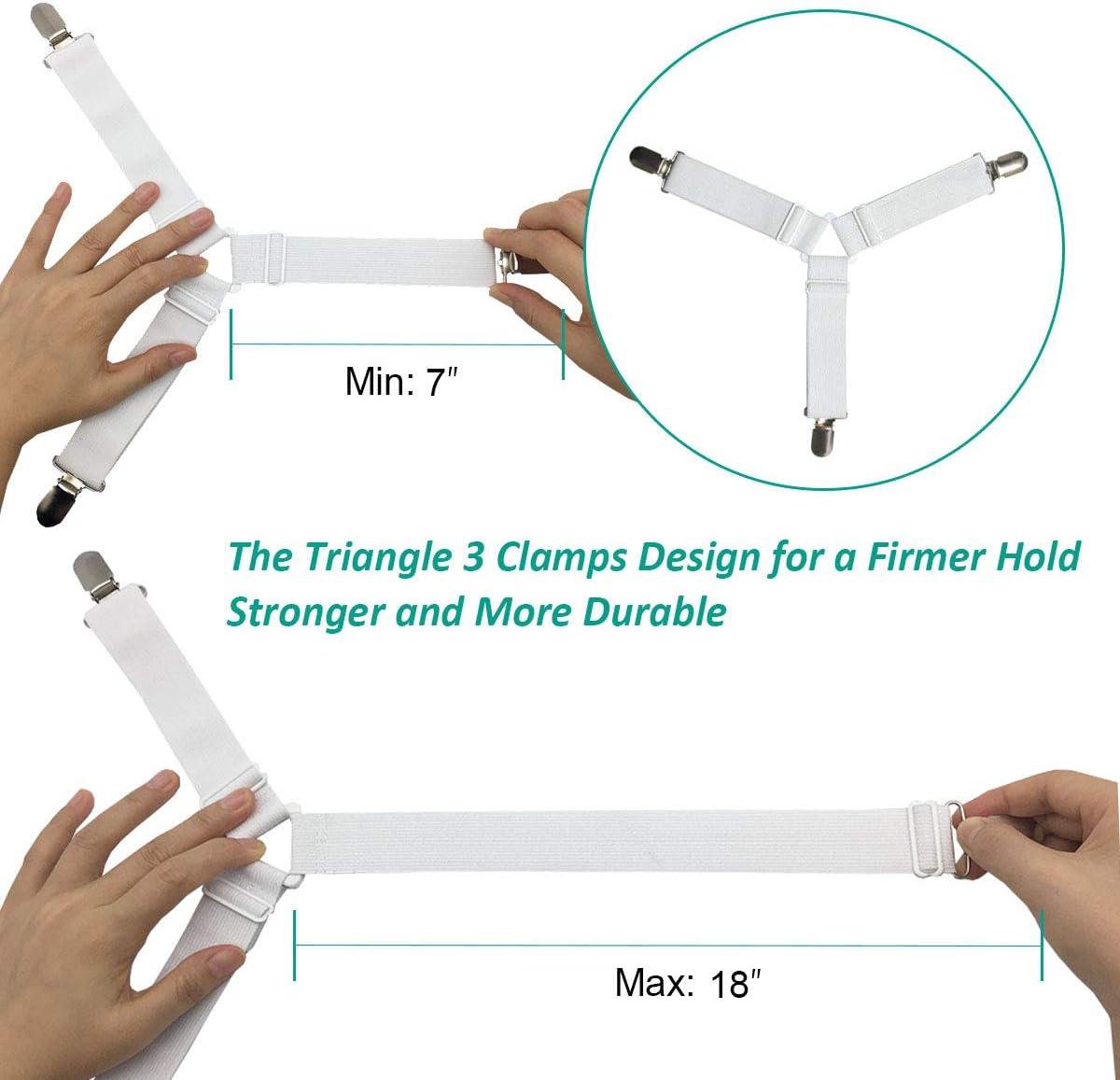 RayTour Bed Sheet Holder Straps 4 Pack - Elastic Sheet Keepers for Fitted Sheets | Four adjustable three-clip holders secure one fitted sheet; wide elastic straps help keep all four mattress corners in place.