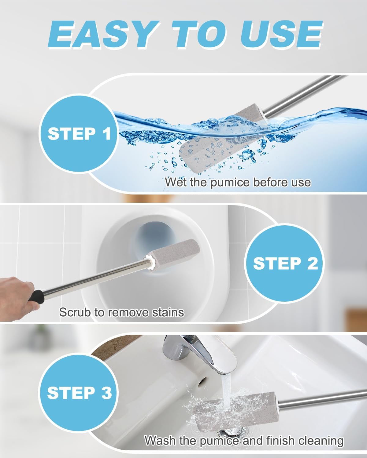 6 Pack Pumice Stone Toilet Bowl Cleaner | 22" Stainless Handle Hard Water Stains Remover, Extra Long Pumice Brush for Toilet, Sink, Pool, Tile, Grill